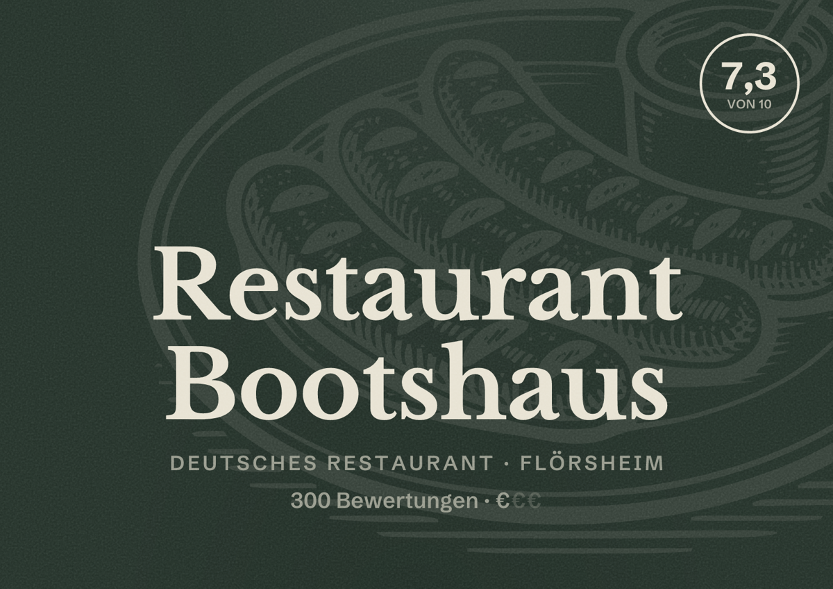 Illustriertes Poster von Restaurant Bootshaus, Deutsches Restaurant in Flörsheim: Bewertung 7,3 von 10 aus 300 Bewertungen, Preisniveau €