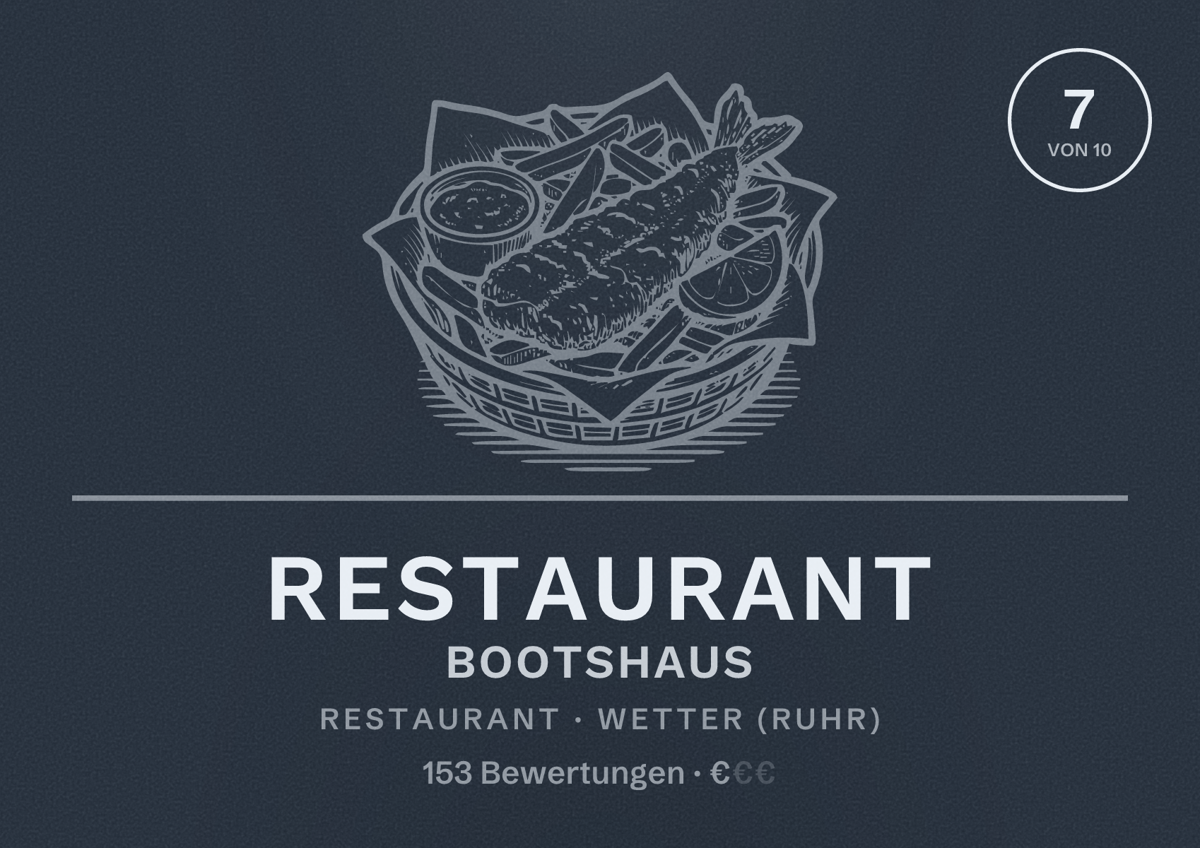 Illustriertes Poster von Restaurant Bootshaus, Restaurant in Wetter (Ruhr): Bewertung 7 von 10 aus 153 Bewertungen, Preisniveau €