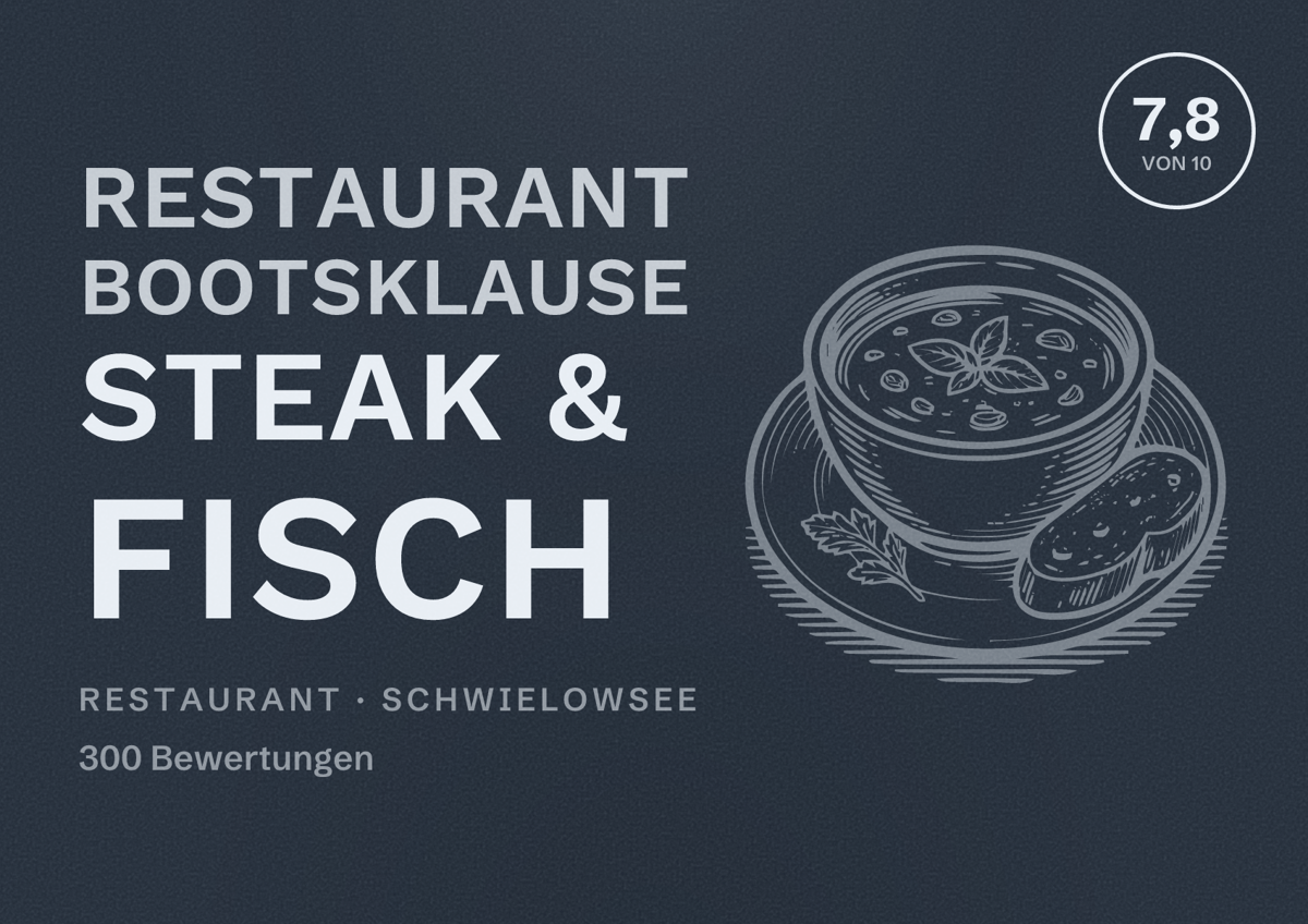 Illustriertes Poster von Restaurant Bootsklause Steak & Fisch, Restaurant in Schwielowsee: Bewertung 7,8 von 10 aus 300 Bewertungen