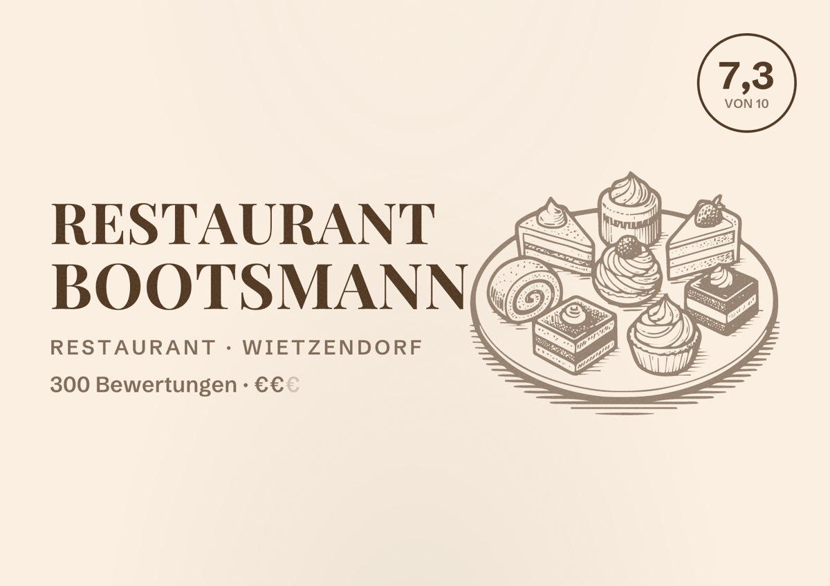 Illustriertes Poster von Restaurant Bootsmann, Restaurant in Wietzendorf: Bewertung 7,3 von 10 aus 300 Bewertungen, Preisniveau €€
