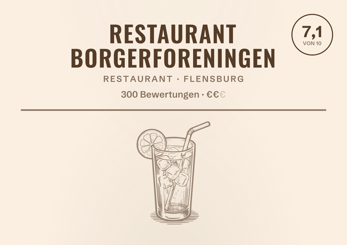 Illustriertes Poster von Restaurant Borgerforeningen, Restaurant in Flensburg: Bewertung 7,1 von 10 aus 300 Bewertungen, Preisniveau €€