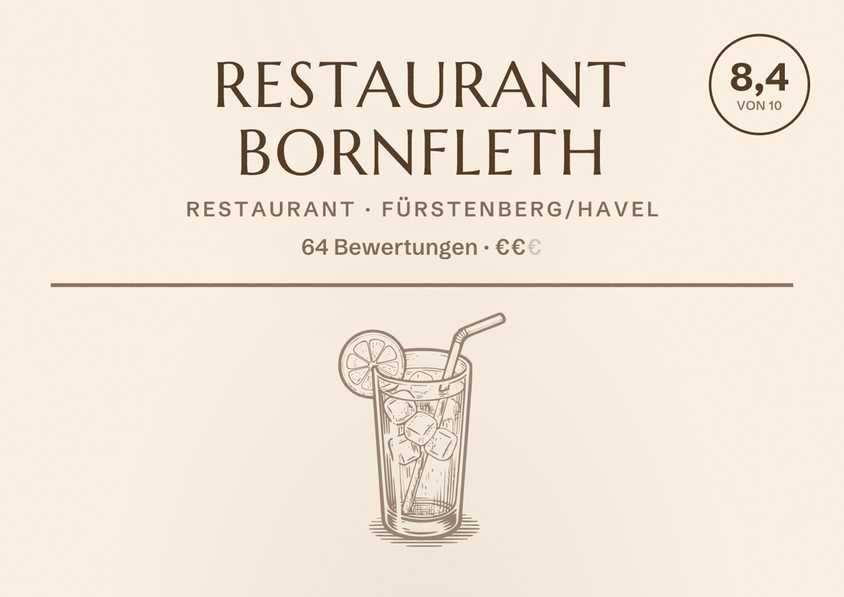 Illustriertes Poster von Restaurant Bornfleth, Restaurant in Fürstenberg/Havel: Bewertung 8,4 von 10 aus 64 Bewertungen, Preisniveau €€