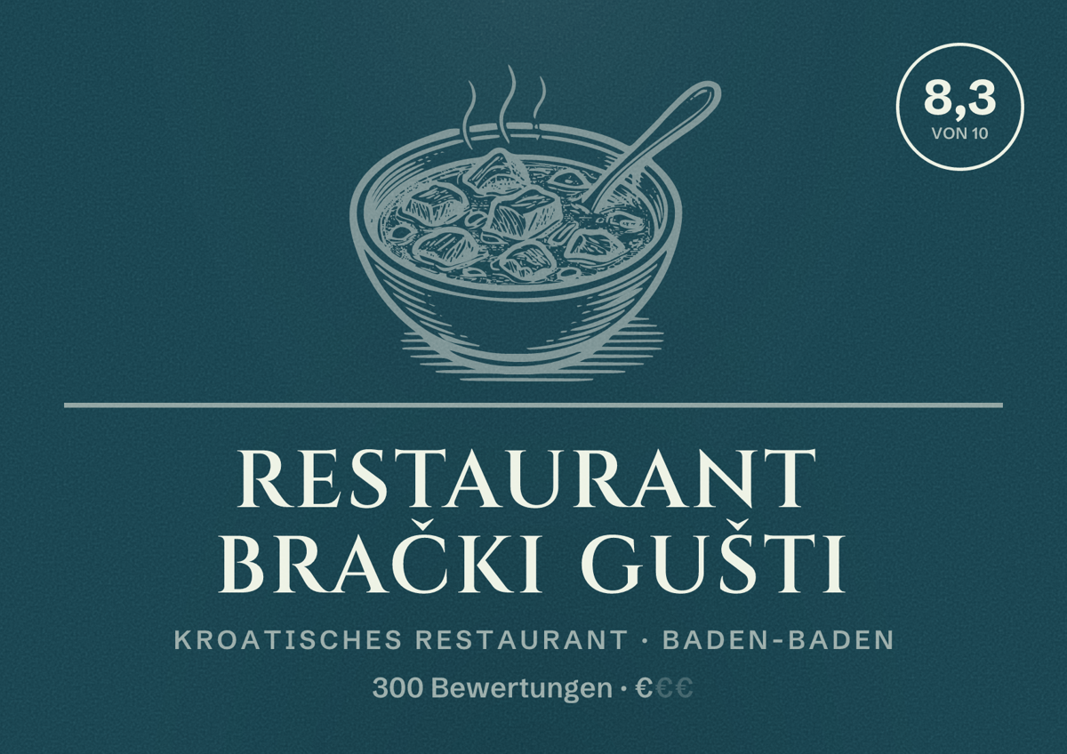 Illustriertes Poster von Restaurant Brački Gušti, Kroatisches Restaurant in Baden-Baden: Bewertung 8,3 von 10 aus 300 Bewertungen, Preisniveau €