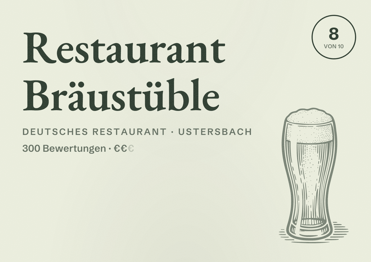 Illustriertes Poster von Restaurant Bräustüble, Deutsches Restaurant in Ustersbach: Bewertung 8 von 10 aus 300 Bewertungen, Preisniveau €€