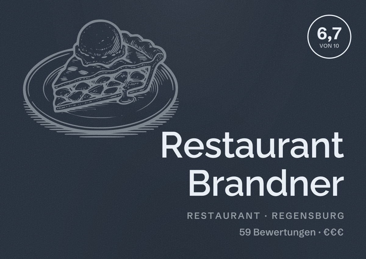 Illustriertes Poster von Restaurant Brandner, Restaurant in Regensburg: Bewertung 6,7 von 10 aus 59 Bewertungen, Preisniveau €€€