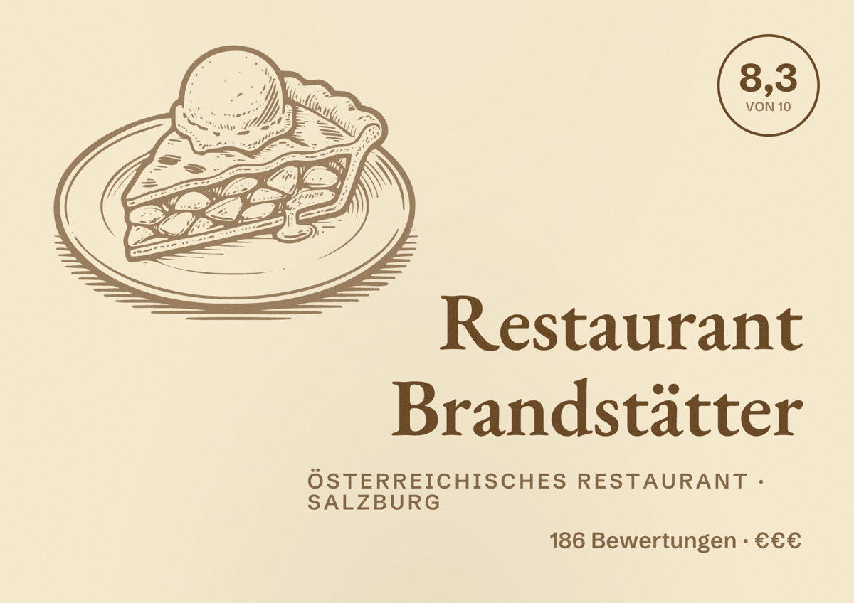 Illustriertes Poster von Restaurant Brandstätter, Österreichisches Restaurant in Salzburg: Bewertung 8,3 von 10 aus 186 Bewertungen, Preisniveau €€€
