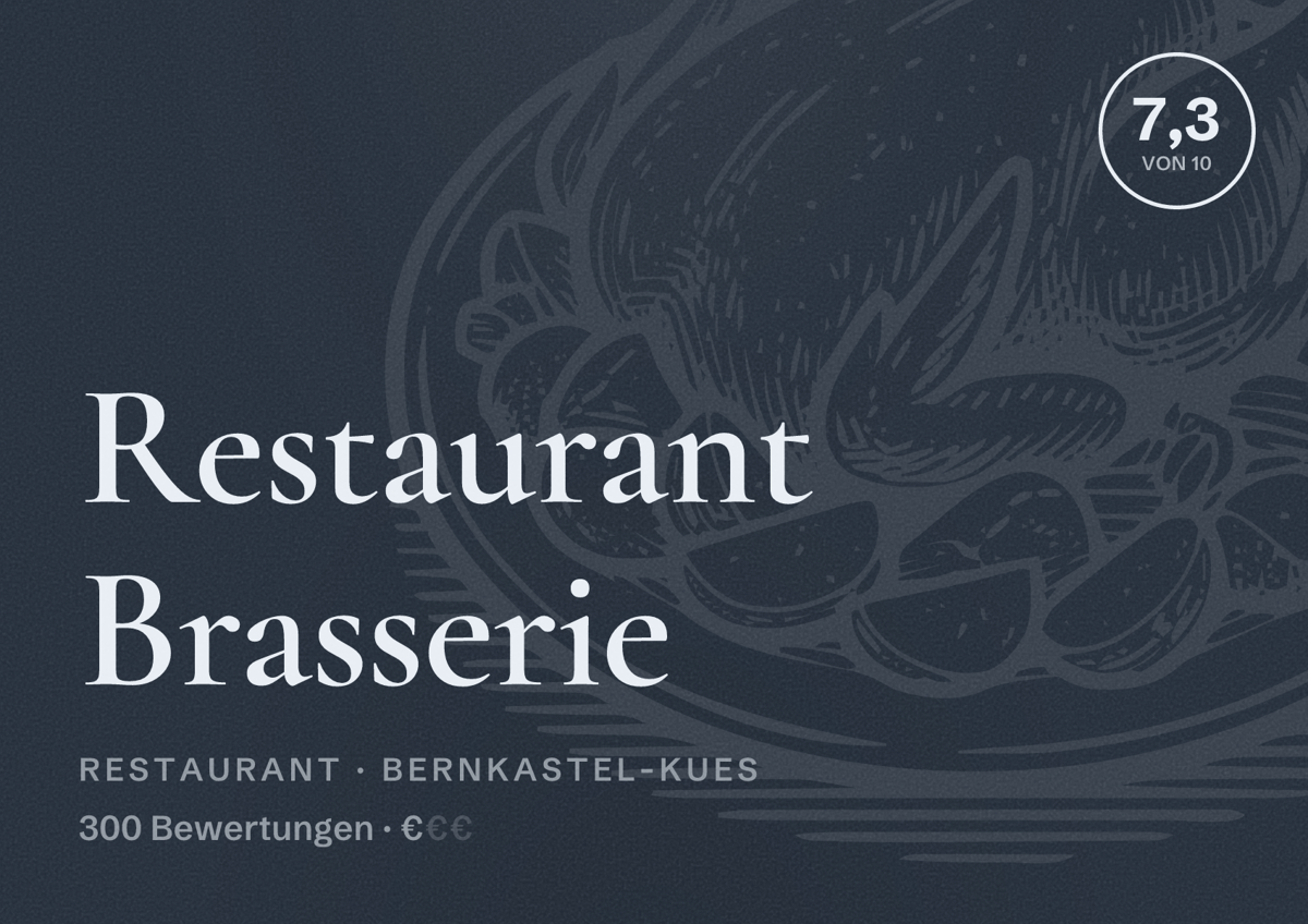 Illustriertes Poster von Restaurant Brasserie, Restaurant in Bernkastel-Kues: Bewertung 7,3 von 10 aus 300 Bewertungen, Preisniveau €