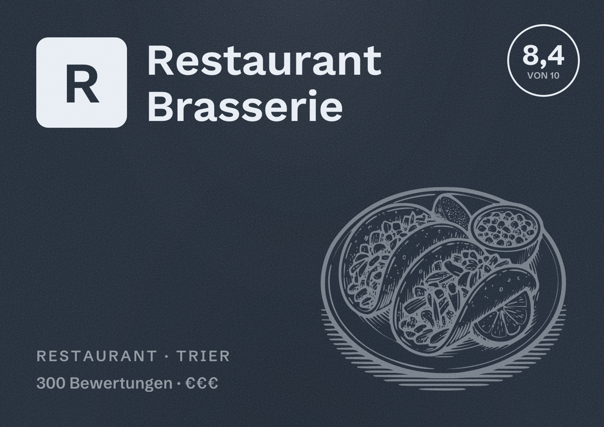 Illustriertes Poster von Restaurant Brasserie, Restaurant in Trier: Bewertung 8,4 von 10 aus 300 Bewertungen, Preisniveau €€€