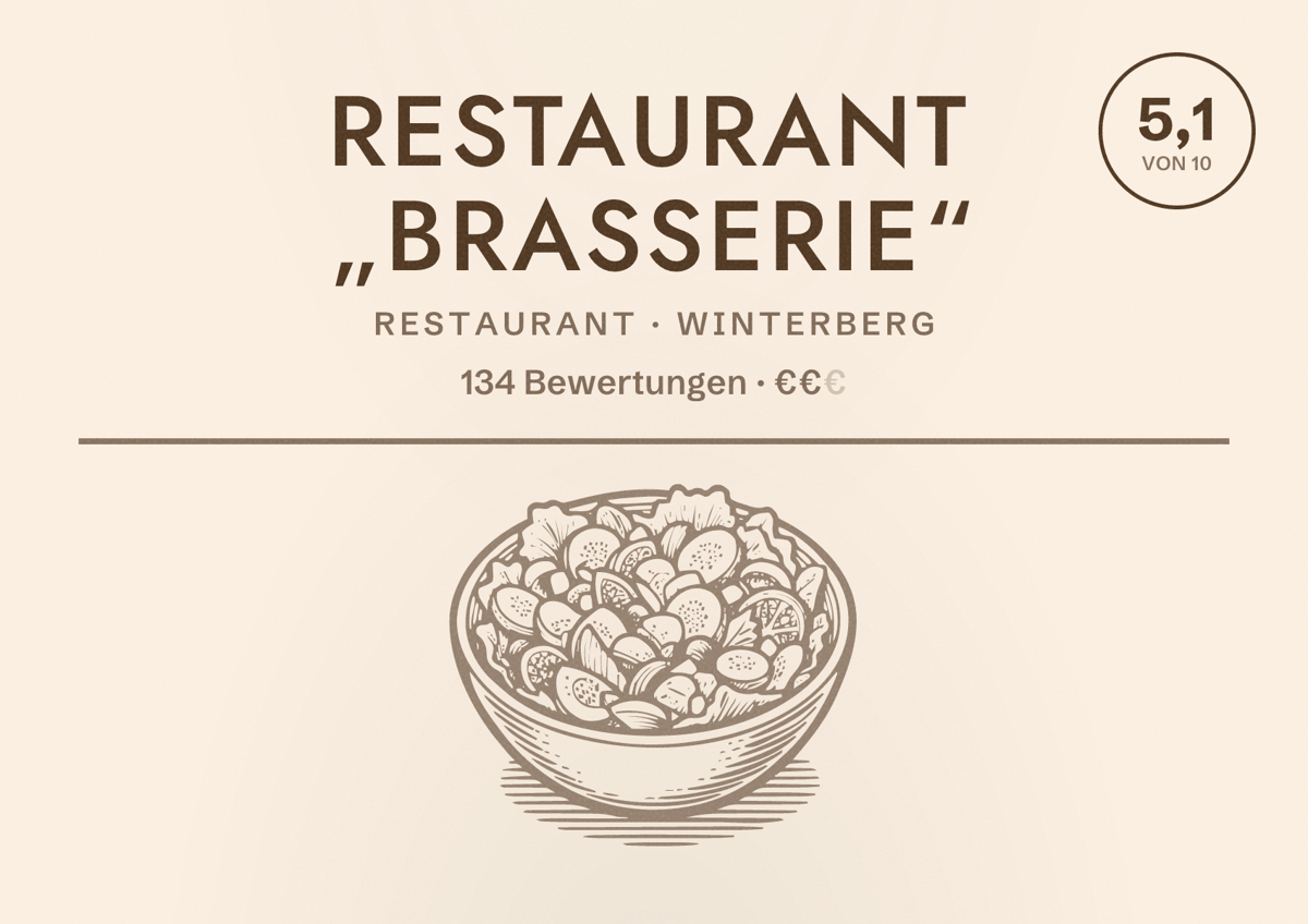 Illustriertes Poster von Restaurant „Brasserie“, Restaurant in Winterberg: Bewertung 5,1 von 10 aus 134 Bewertungen, Preisniveau €€