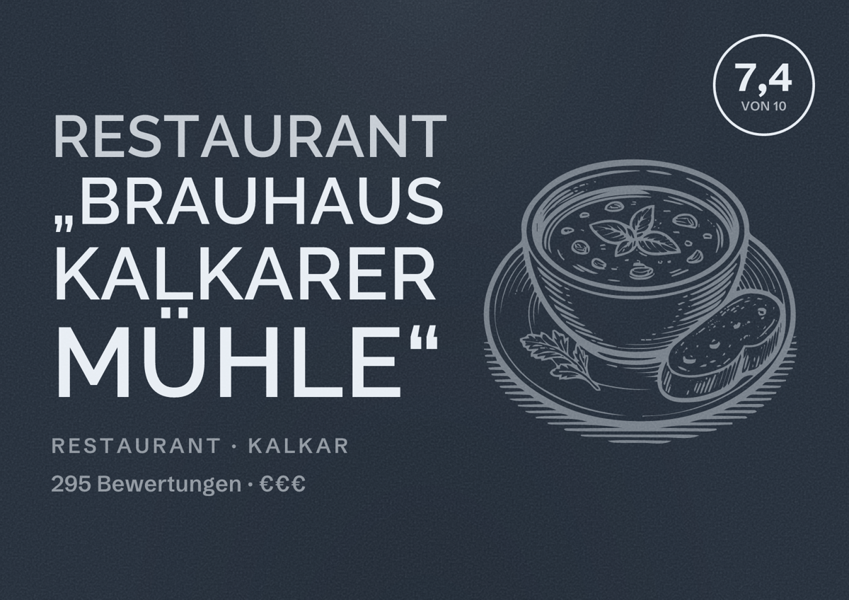 Illustriertes Poster von Restaurant „Brauhaus Kalkarer Mühle“, Restaurant in Kalkar: Bewertung 7,4 von 10 aus 295 Bewertungen, Preisniveau €€€