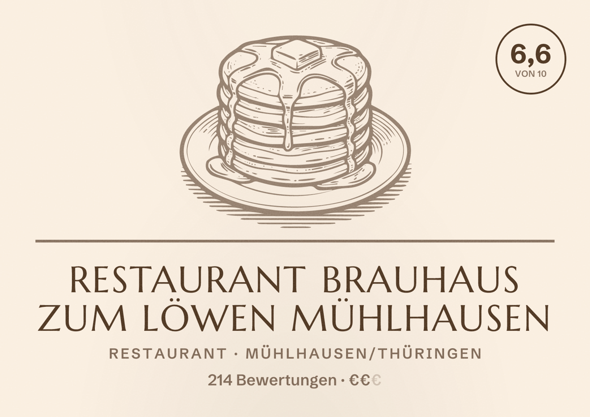 Illustriertes Poster von Restaurant Brauhaus Zum Löwen Mühlhausen, Restaurant in Mühlhausen/Thüringen: Bewertung 6,6 von 10 aus 214 Bewertungen, Preisniveau €€