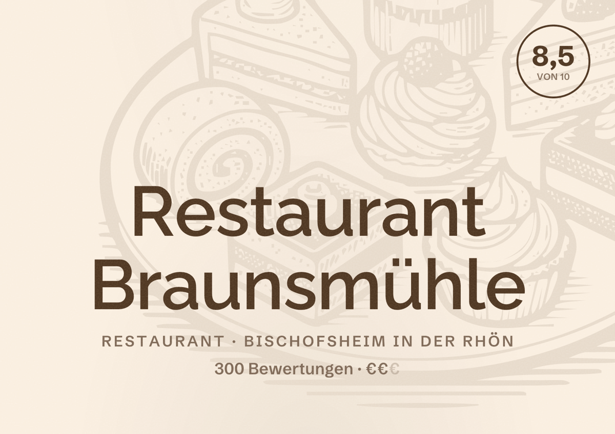 Illustriertes Poster von Restaurant Braunsmühle, Restaurant in Bischofsheim in der Rhön: Bewertung 8,5 von 10 aus 300 Bewertungen, Preisniveau €€