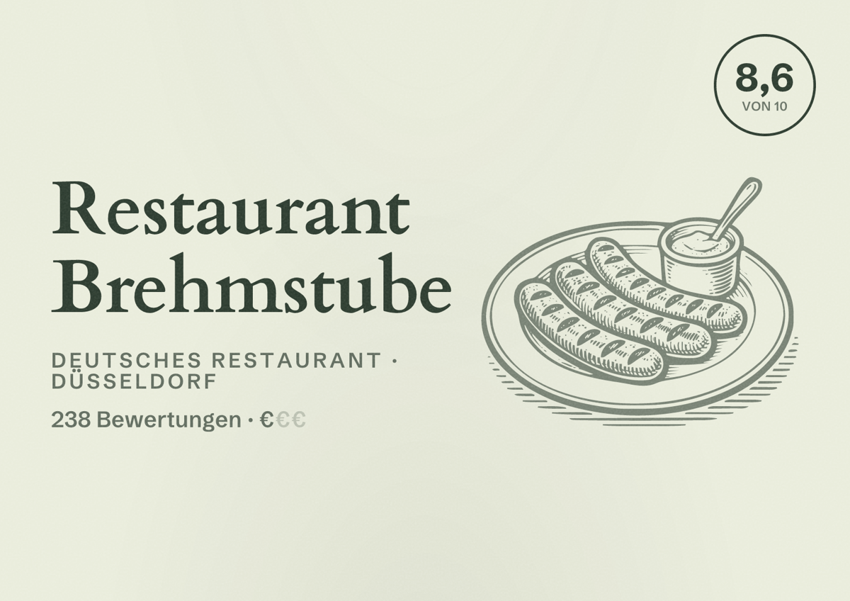 Illustriertes Poster von Restaurant Brehmstube, Deutsches Restaurant in Düsseldorf: Bewertung 8,6 von 10 aus 238 Bewertungen, Preisniveau €