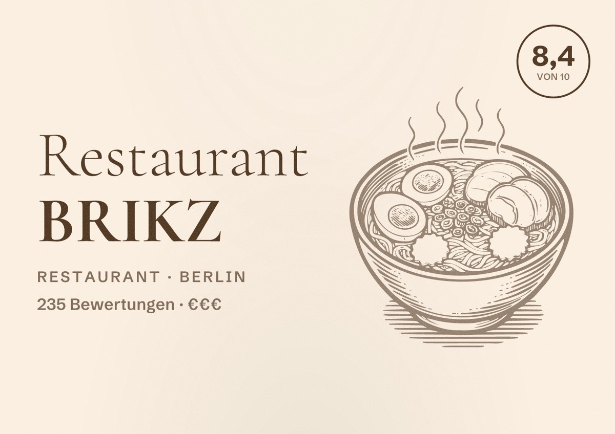 Illustriertes Poster von Restaurant BRIKZ, Restaurant in Berlin: Bewertung 8,4 von 10 aus 235 Bewertungen, Preisniveau €€€