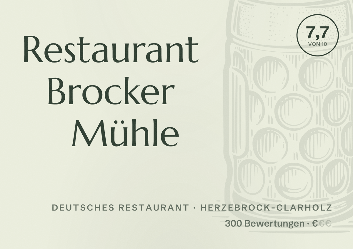 Illustriertes Poster von Restaurant Brocker Mühle, Deutsches Restaurant in Herzebrock-Clarholz: Bewertung 7,7 von 10 aus 300 Bewertungen, Preisniveau €