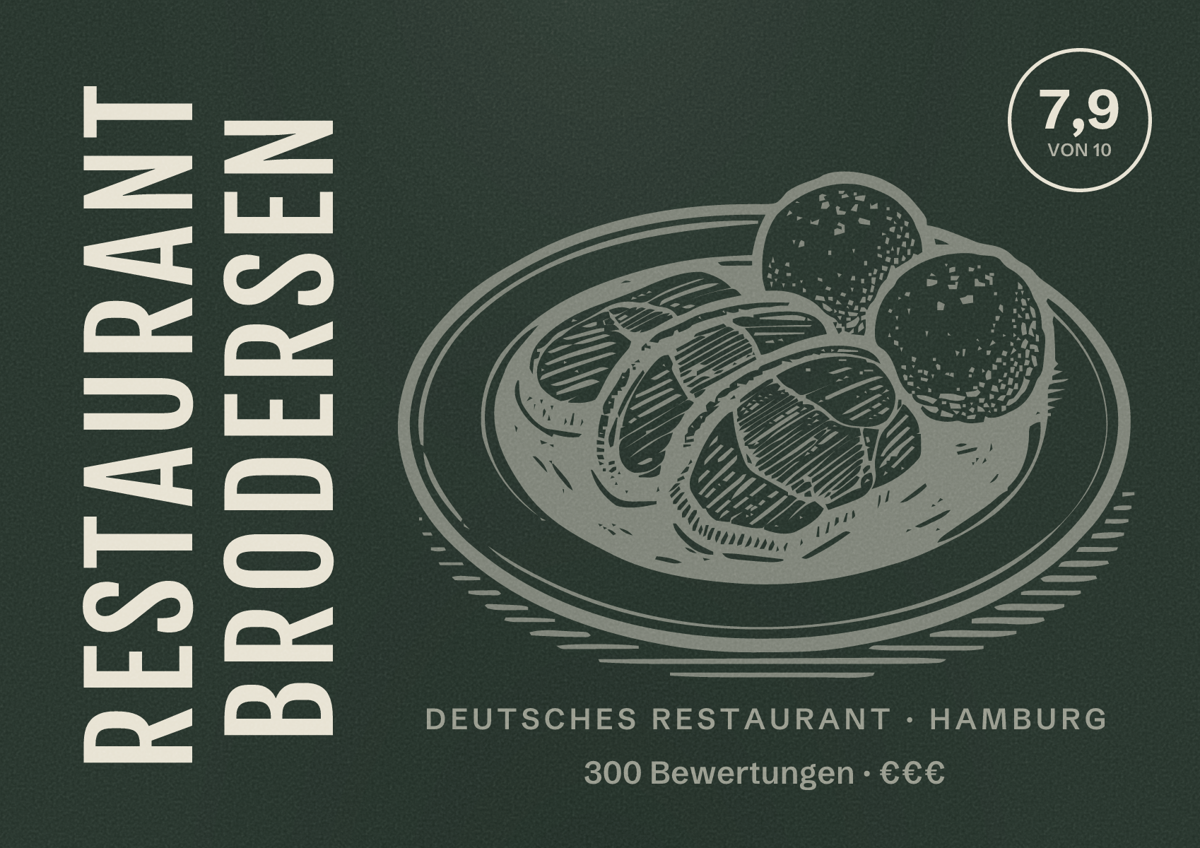 Illustriertes Poster von Restaurant Brodersen, Deutsches Restaurant in Hamburg: Bewertung 7,9 von 10 aus 300 Bewertungen, Preisniveau €€€