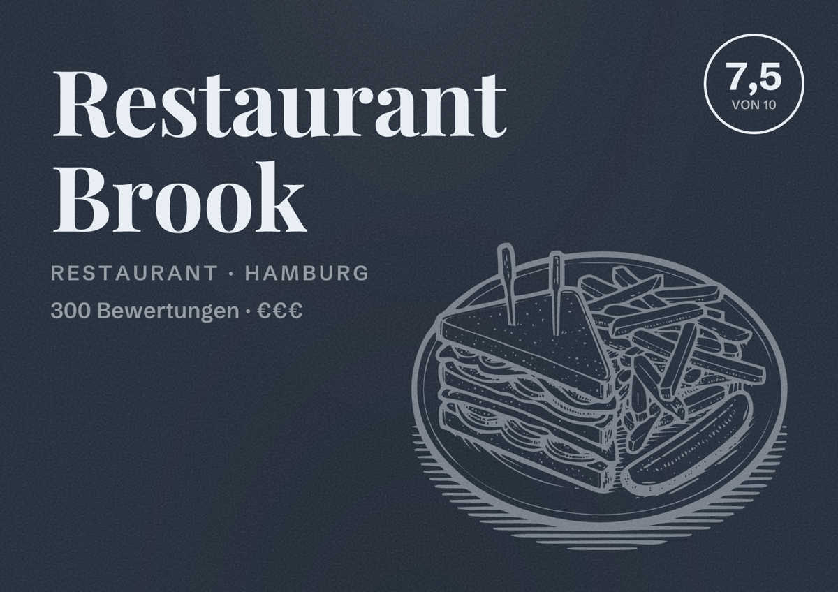 Illustriertes Poster von Restaurant Brook, Restaurant in Hamburg: Bewertung 7,5 von 10 aus 300 Bewertungen, Preisniveau €€€