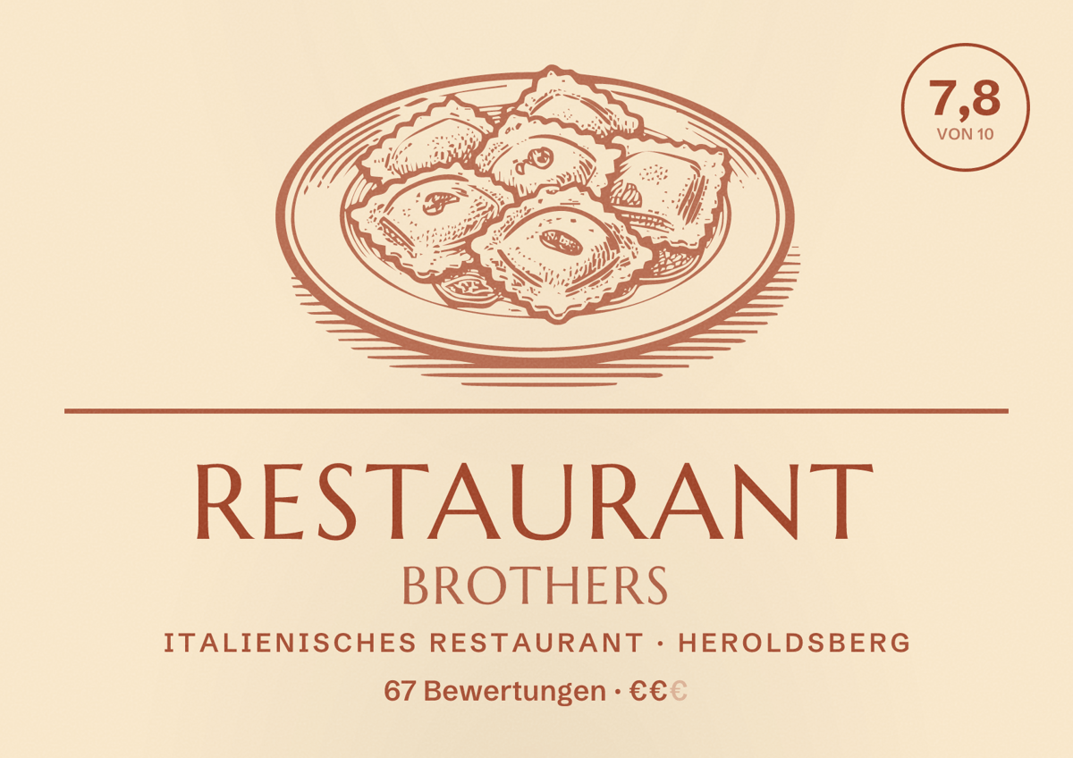 Illustriertes Poster von Restaurant Brothers, Italienisches Restaurant in Heroldsberg: Bewertung 7,8 von 10 aus 67 Bewertungen, Preisniveau €€