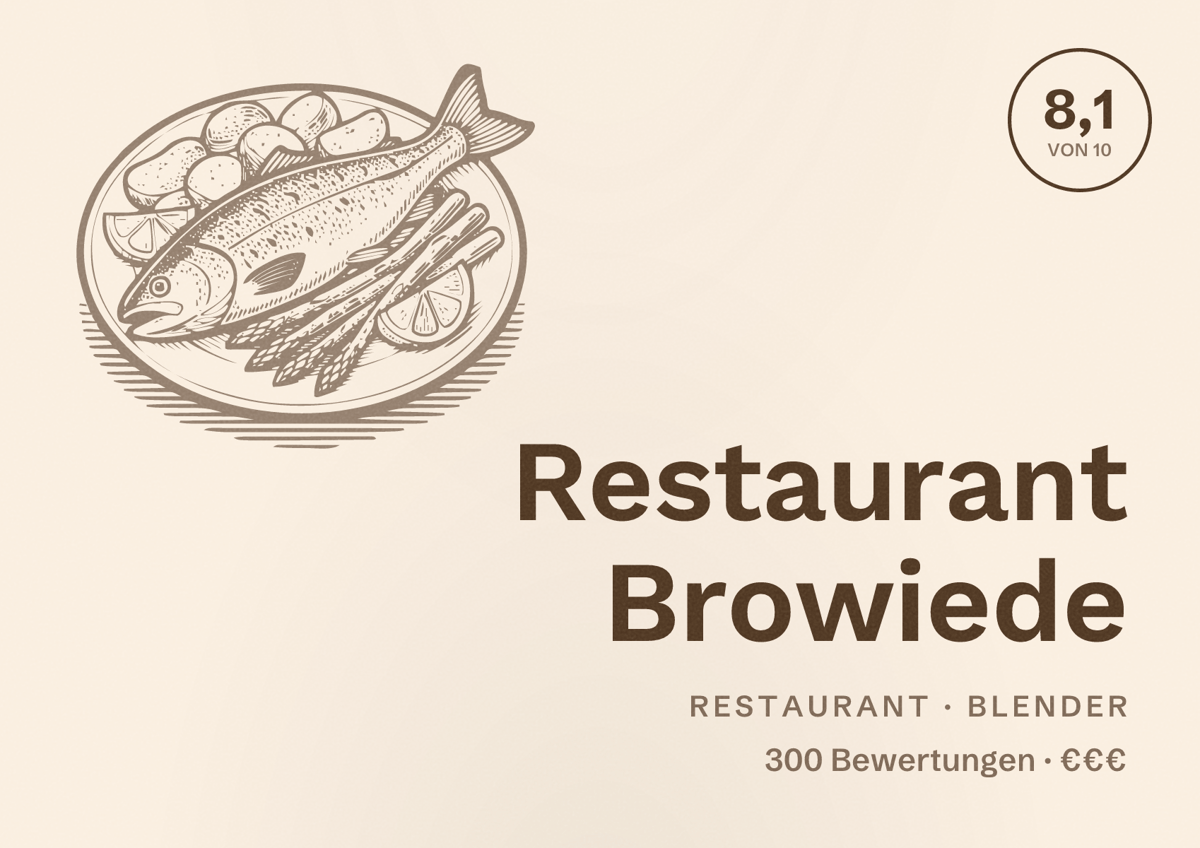 Illustriertes Poster von Restaurant Browiede, Restaurant in Blender: Bewertung 8,1 von 10 aus 300 Bewertungen, Preisniveau €€€