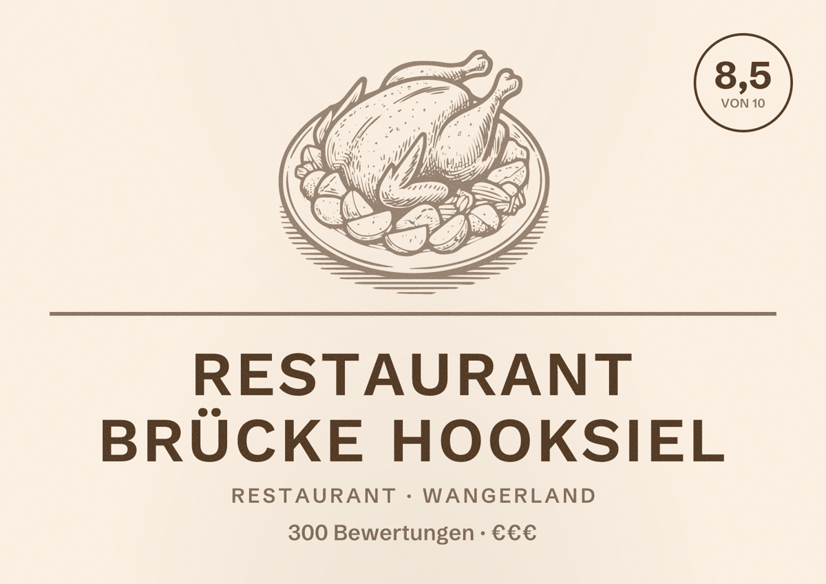 Illustriertes Poster von Restaurant Brücke Hooksiel, Restaurant in Wangerland: Bewertung 8,5 von 10 aus 300 Bewertungen, Preisniveau €€€