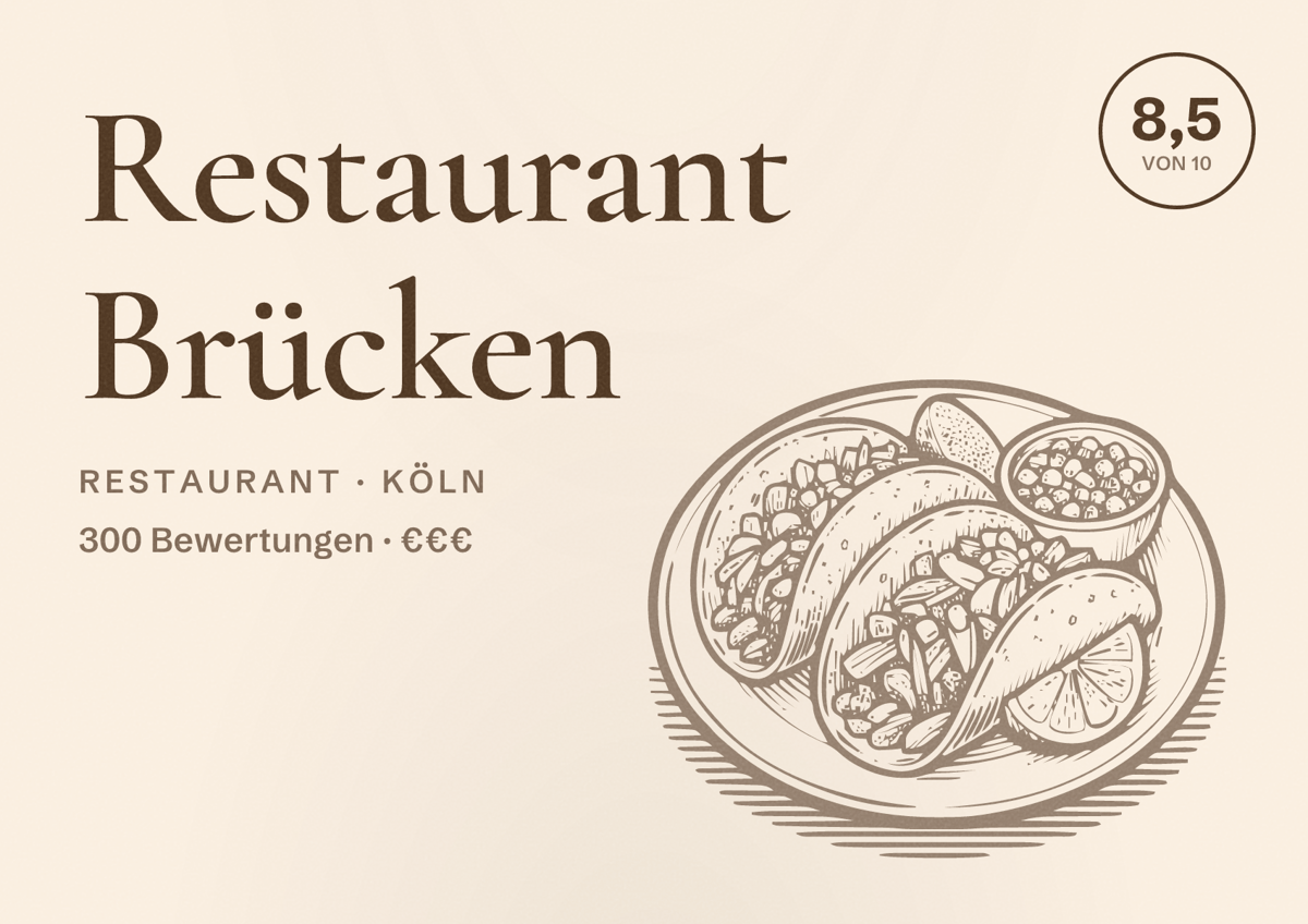 Illustriertes Poster von Restaurant Brücken, Restaurant in Köln: Bewertung 8,5 von 10 aus 300 Bewertungen, Preisniveau €€€