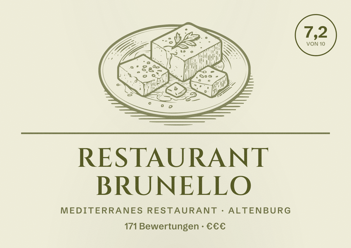 Illustriertes Poster von Restaurant Brunello, Mediterranes Restaurant in Altenburg: Bewertung 7,2 von 10 aus 171 Bewertungen, Preisniveau €€€