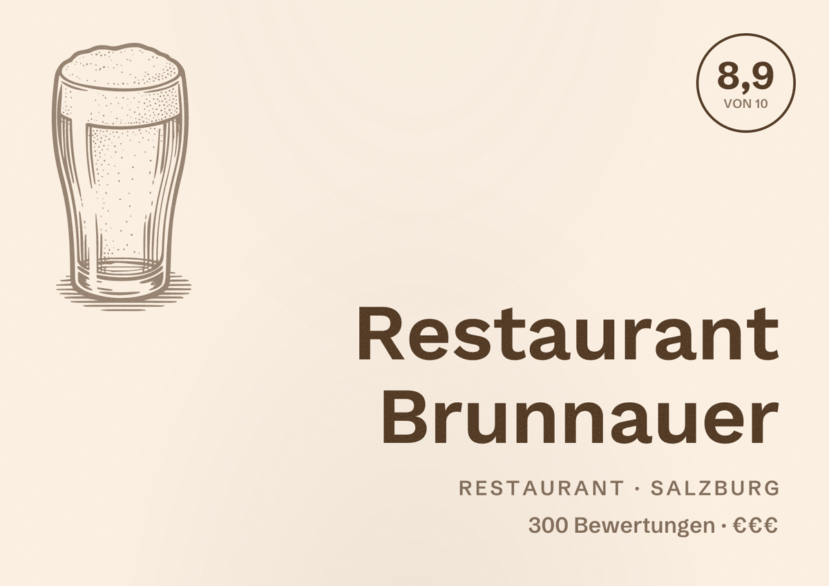 Illustriertes Poster von Restaurant Brunnauer, Restaurant in Salzburg: Bewertung 8,9 von 10 aus 300 Bewertungen, Preisniveau €€€