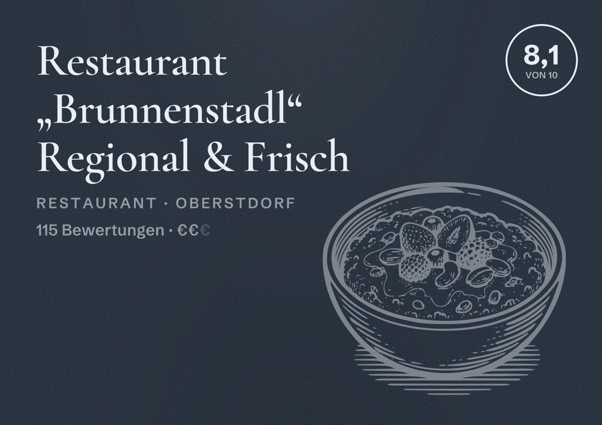 Illustriertes Poster von Restaurant „Brunnenstadl“ Regional & Frisch, Restaurant in Oberstdorf: Bewertung 8,1 von 10 aus 115 Bewertungen, Preisniveau €€