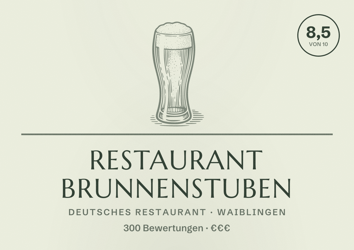 Illustriertes Poster von Restaurant Brunnenstuben, Deutsches Restaurant in Waiblingen: Bewertung 8,5 von 10 aus 300 Bewertungen, Preisniveau €€€