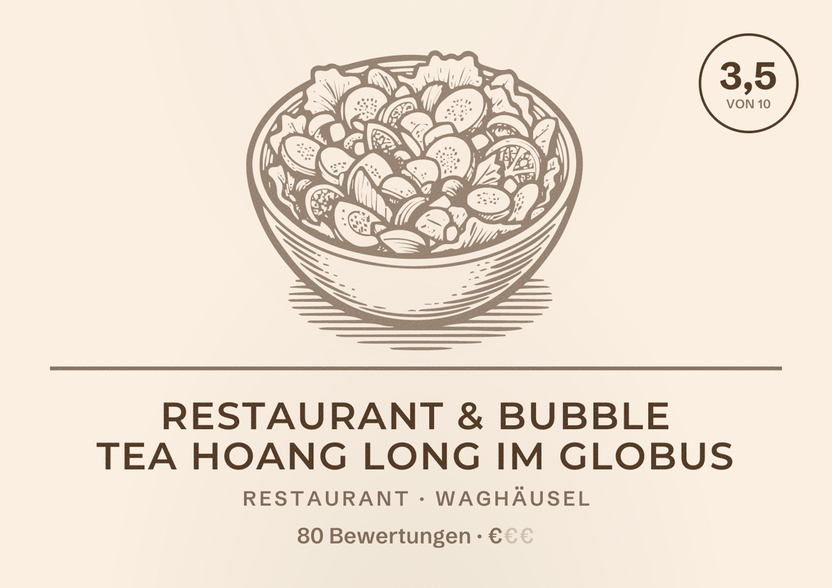 Illustriertes Poster von Restaurant & Bubble Tea Hoang Long im Globus, Restaurant in Waghäusel: Bewertung 3,5 von 10 aus 80 Bewertungen, Preisniveau €