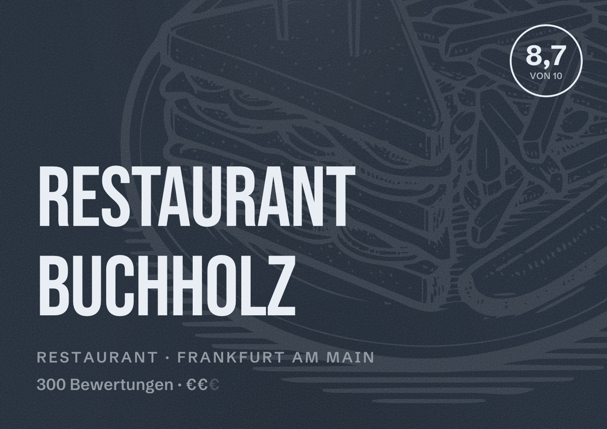 Illustriertes Poster von Restaurant Buchholz, Restaurant in Frankfurt am Main: Bewertung 8,7 von 10 aus 300 Bewertungen, Preisniveau €€