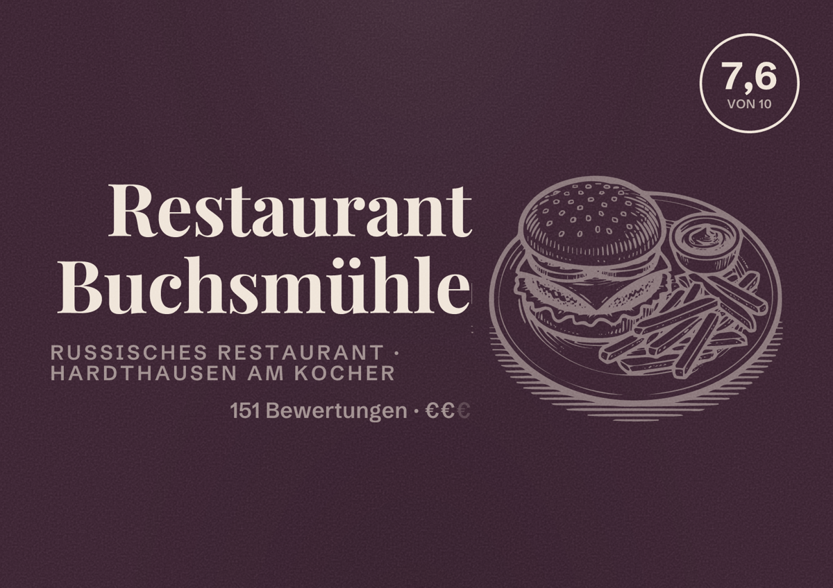 Illustriertes Poster von Restaurant Buchsmühle, Russisches Restaurant in Hardthausen am Kocher: Bewertung 7,6 von 10 aus 151 Bewertungen, Preisniveau €€