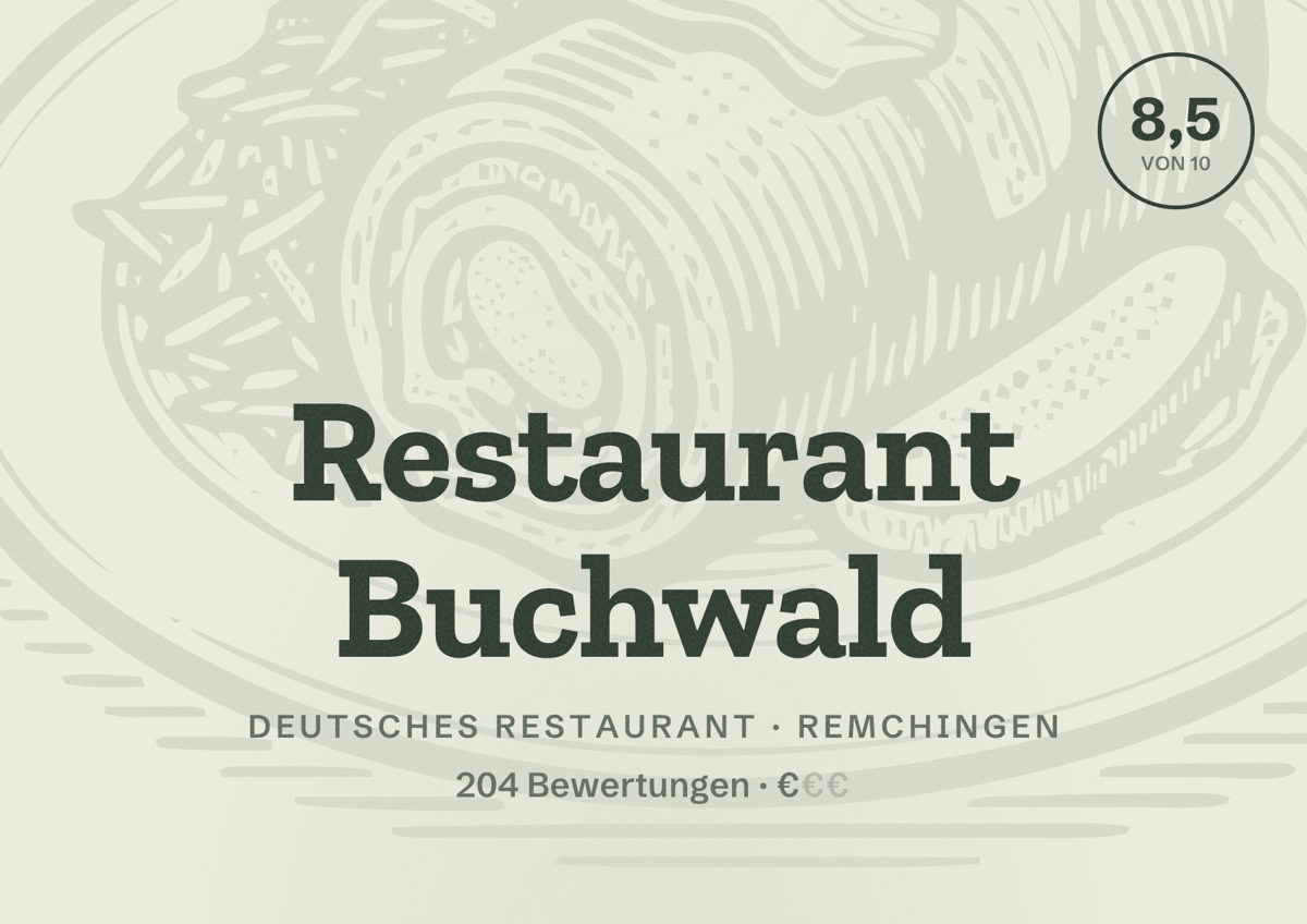 Illustriertes Poster von Restaurant Buchwald, Deutsches Restaurant in Remchingen: Bewertung 8,5 von 10 aus 204 Bewertungen, Preisniveau €