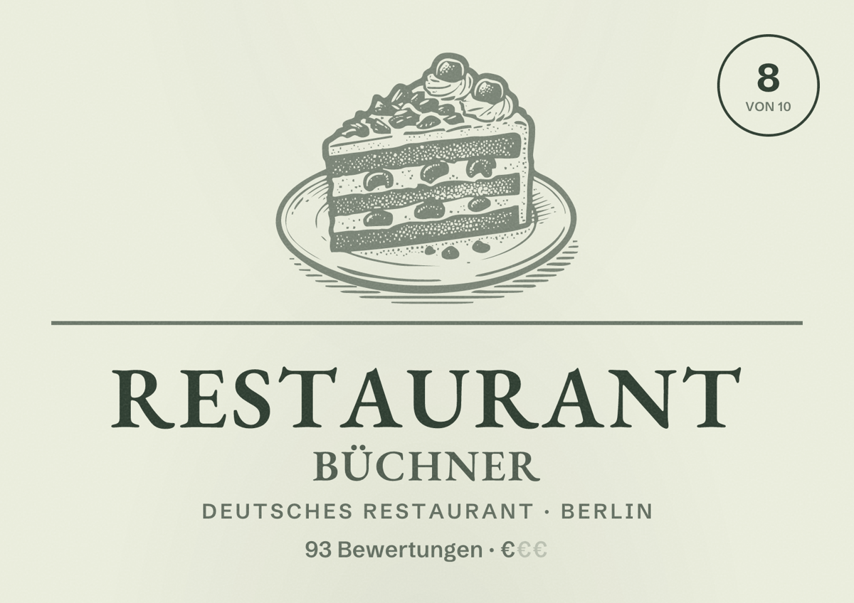 Illustriertes Poster von Restaurant Büchner, Deutsches Restaurant in Berlin: Bewertung 8,0 von 10 aus 93 Bewertungen, Preisniveau €