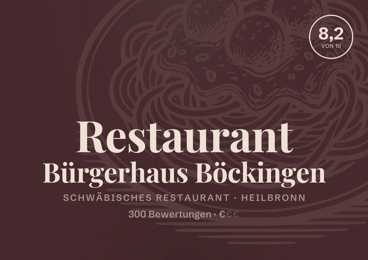 Illustriertes Poster von Restaurant Bürgerhaus Böckingen, Schwäbisches Restaurant in Heilbronn: Bewertung 8,2 von 10 aus 300 Bewertungen, Preisniveau €
