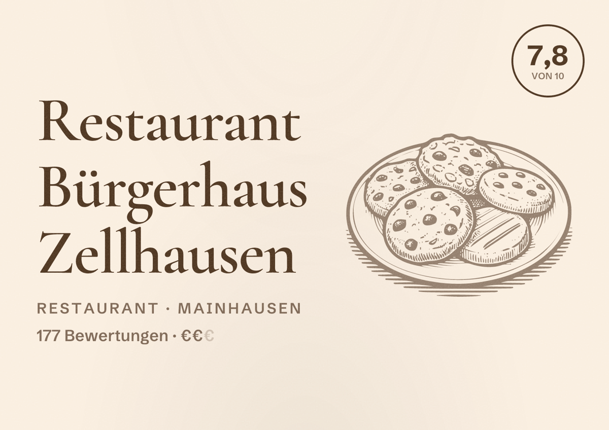 Illustriertes Poster von Restaurant Bürgerhaus Zellhausen, Restaurant in Mainhausen: Bewertung 7,8 von 10 aus 177 Bewertungen, Preisniveau €€