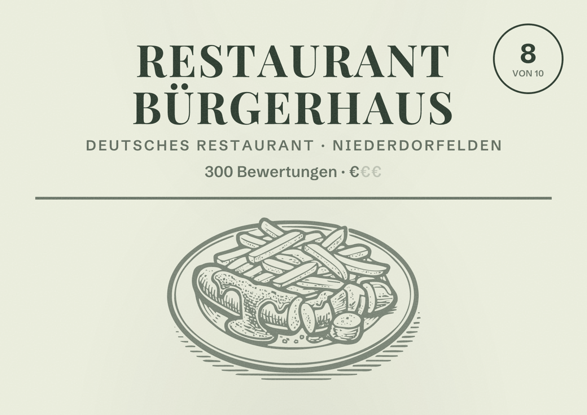 Illustriertes Poster von Restaurant Bürgerhaus, Deutsches Restaurant in Niederdorfelden: Bewertung 8 von 10 aus 300 Bewertungen, Preisniveau €
