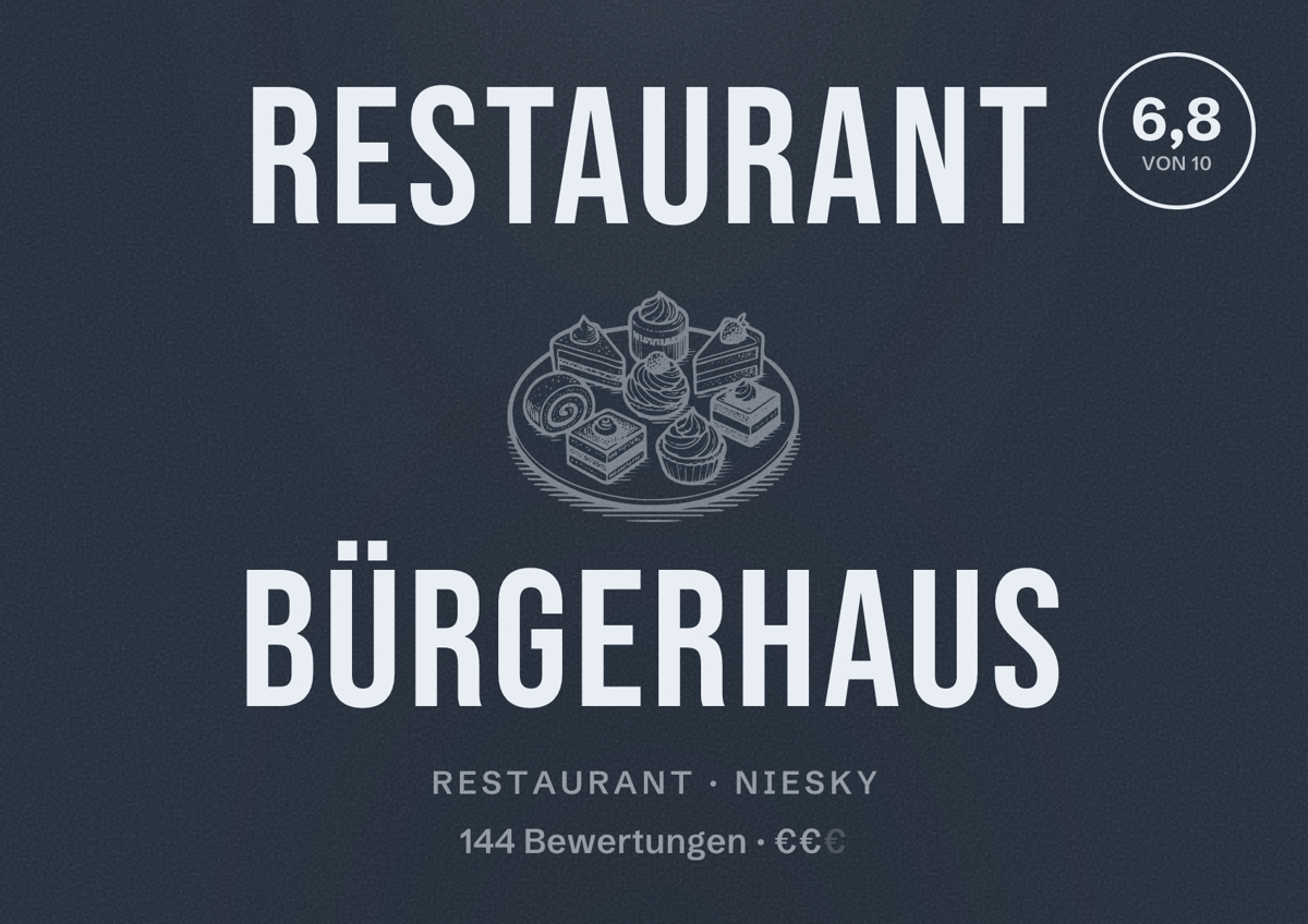 Illustriertes Poster von Restaurant Bürgerhaus, Restaurant in Niesky: Bewertung 6,8 von 10 aus 144 Bewertungen, Preisniveau €€