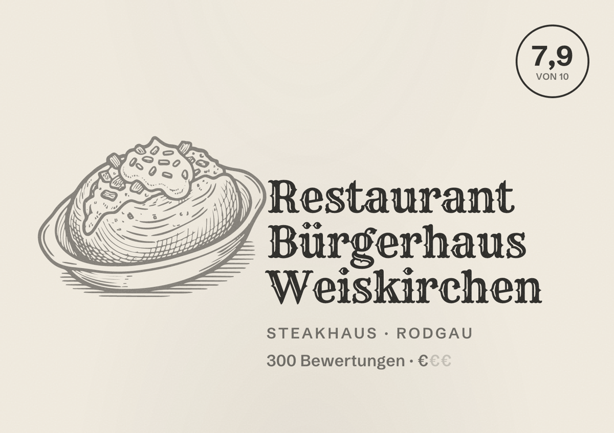 Illustriertes Poster von Restaurant Bürgerhaus Weiskirchen, Steakhaus in Rodgau: Bewertung 7,9 von 10 aus 300 Bewertungen, Preisniveau €