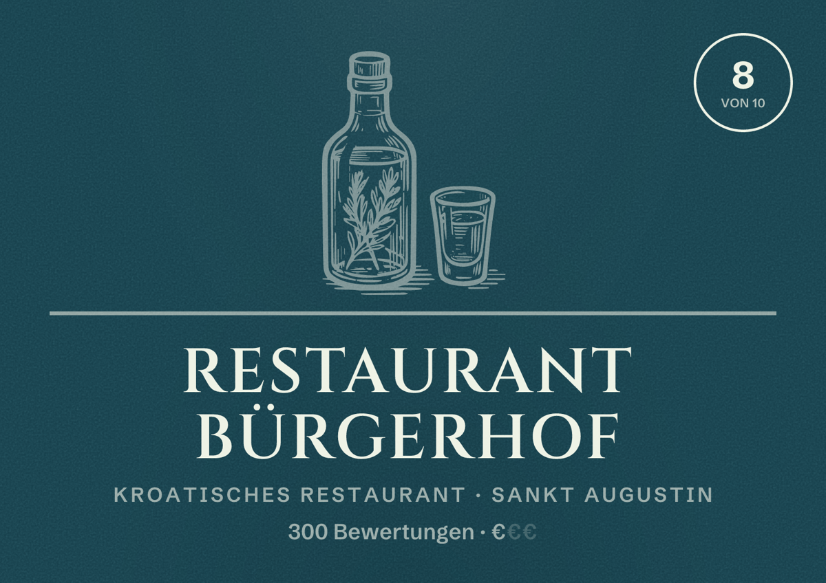 Illustriertes Poster von Restaurant Bürgerhof, Kroatisches Restaurant in Sankt Augustin: Bewertung 8 von 10 aus 300 Bewertungen, Preisniveau €