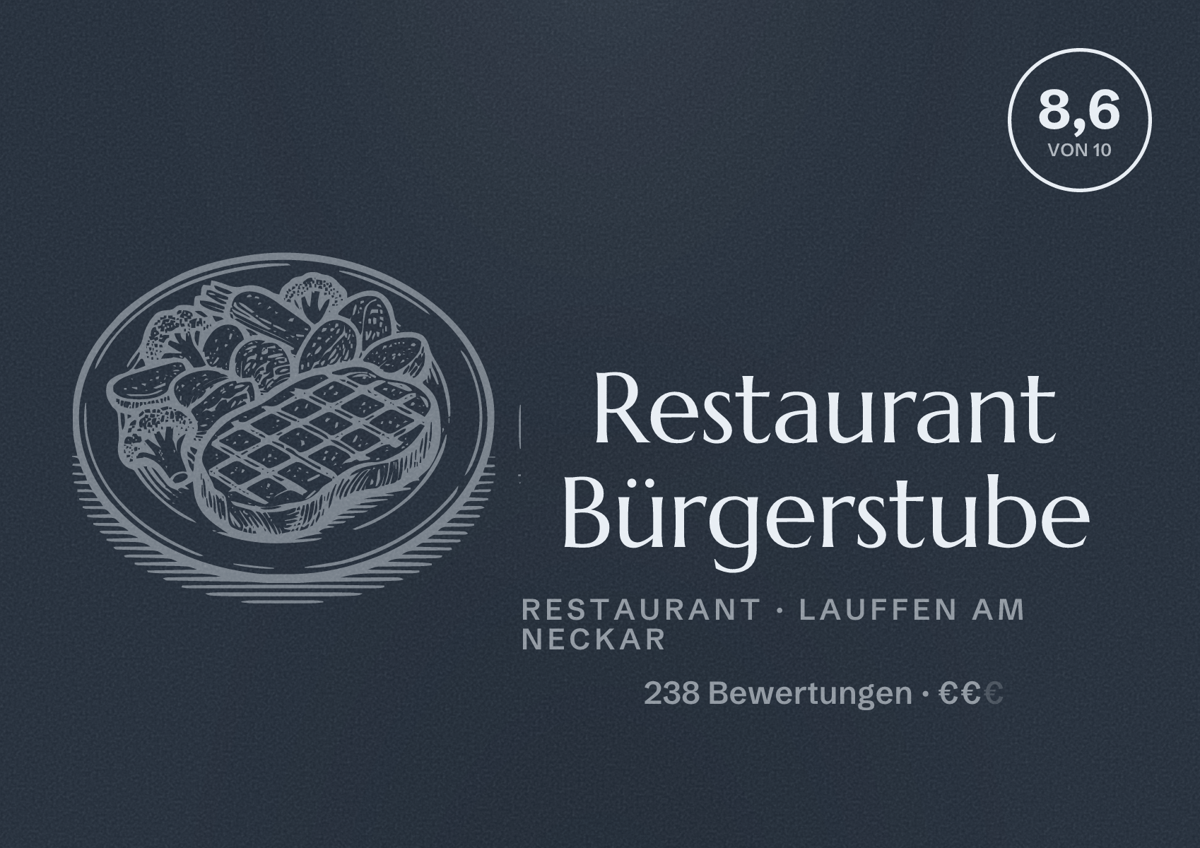 Illustriertes Poster von Restaurant Bürgerstube, Restaurant in Lauffen am Neckar: Bewertung 8,6 von 10 aus 238 Bewertungen, Preisniveau €€