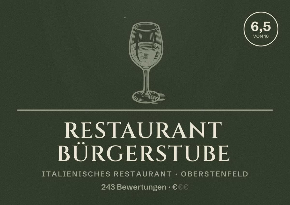 Illustriertes Poster von Restaurant Bürgerstube, Italienisches Restaurant in Oberstenfeld: Bewertung 6,5 von 10 aus 243 Bewertungen, Preisniveau €