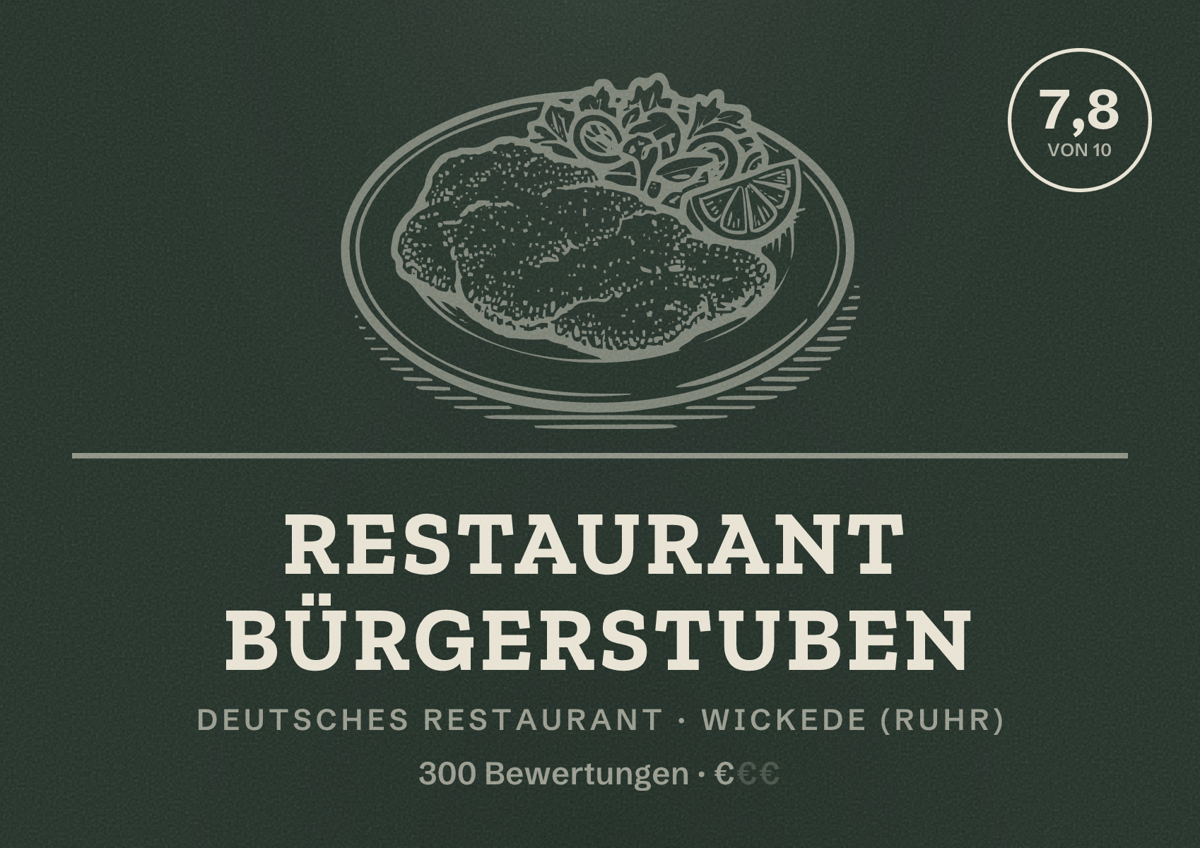 Illustriertes Poster von Restaurant Bürgerstuben, Deutsches Restaurant in Wickede (Ruhr): Bewertung 7,8 von 10 aus 300 Bewertungen, Preisniveau €