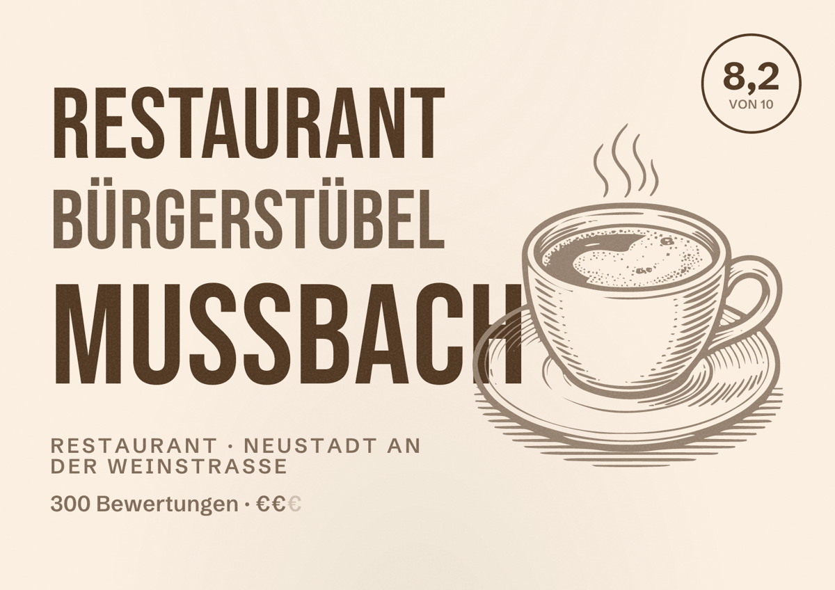 Illustriertes Poster von Restaurant Bürgerstübel Mußbach, Restaurant in Neustadt an der Weinstraße: Bewertung 8,2 von 10 aus 300 Bewertungen, Preisniveau €€