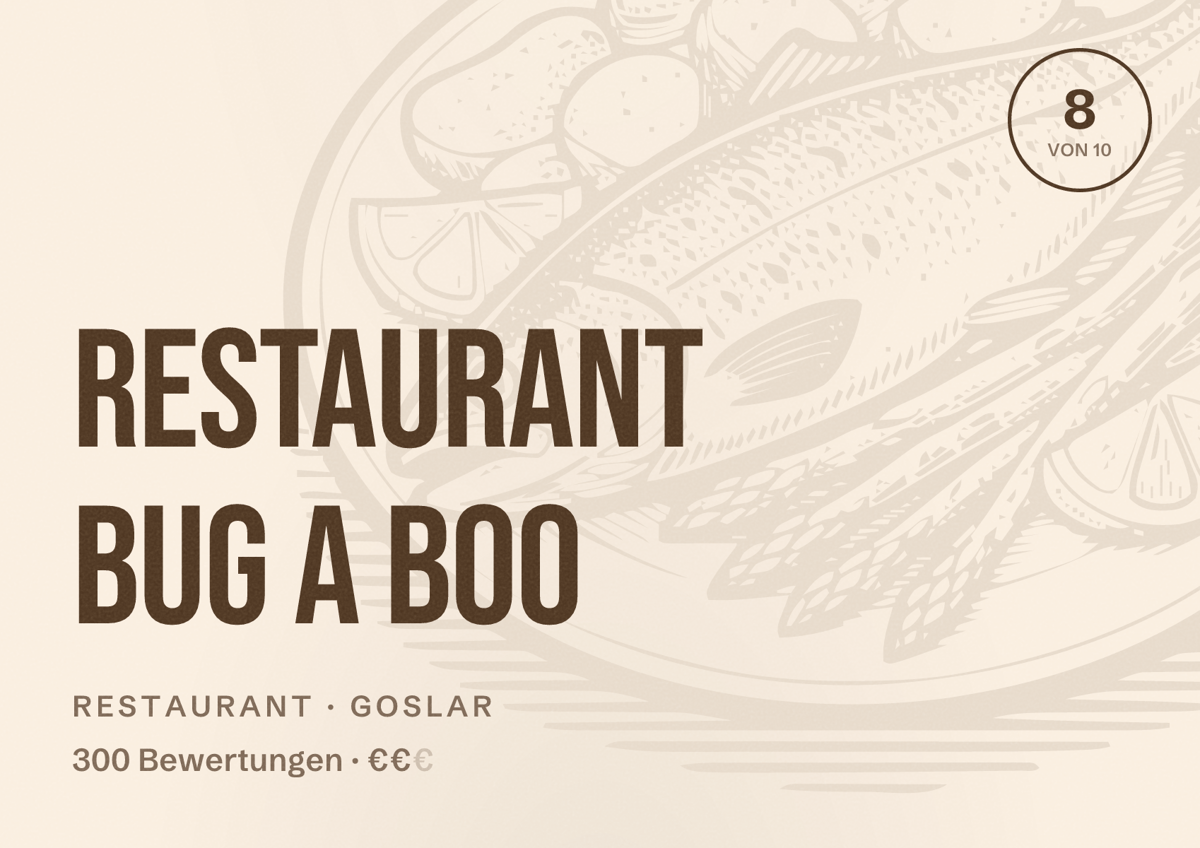 Illustriertes Poster von Restaurant Bug A Boo, Restaurant in Goslar: Bewertung 8 von 10 aus 300 Bewertungen, Preisniveau €€