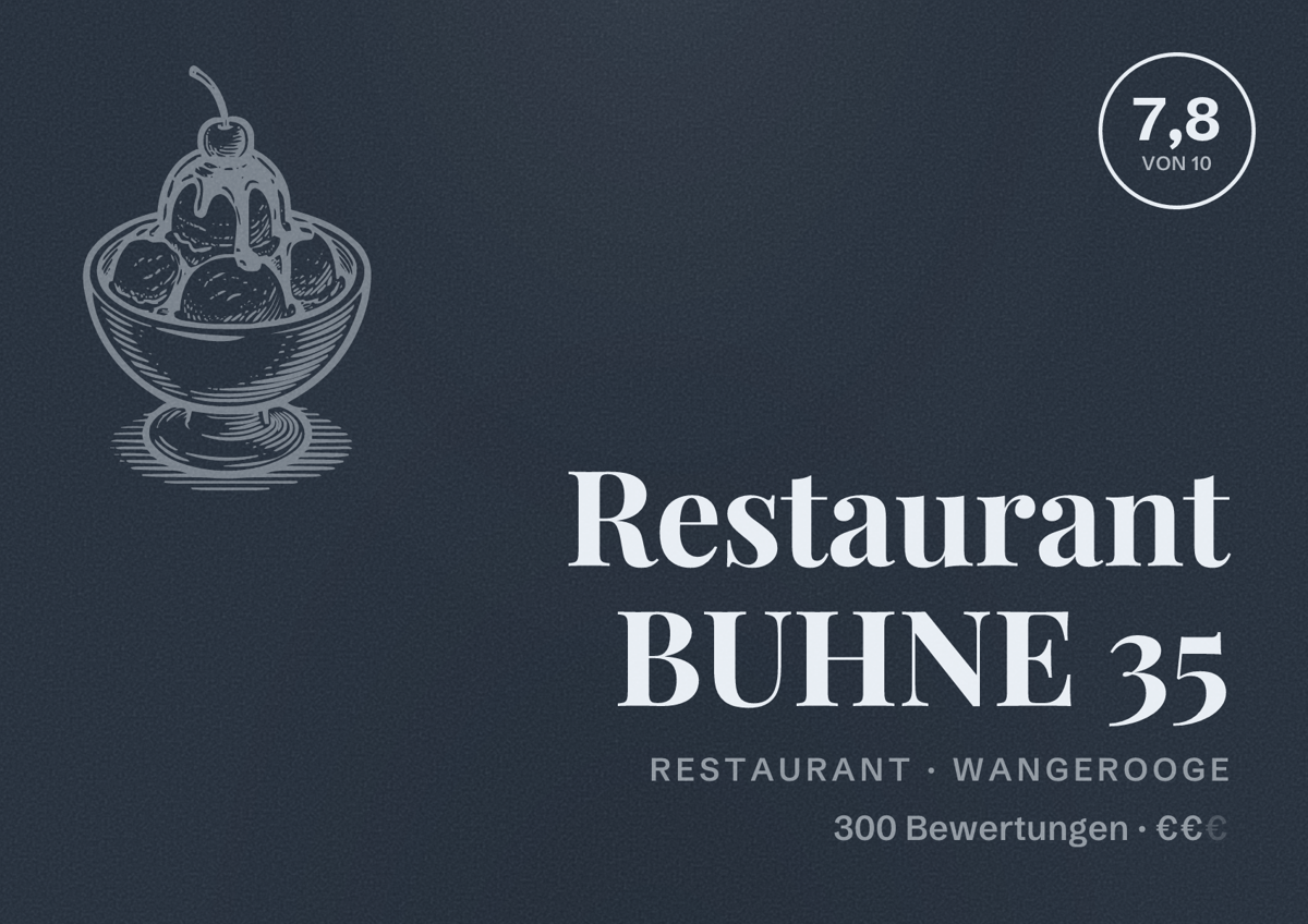 Illustriertes Poster von Restaurant BUHNE 35, Restaurant in Wangerooge: Bewertung 7,8 von 10 aus 300 Bewertungen, Preisniveau €€