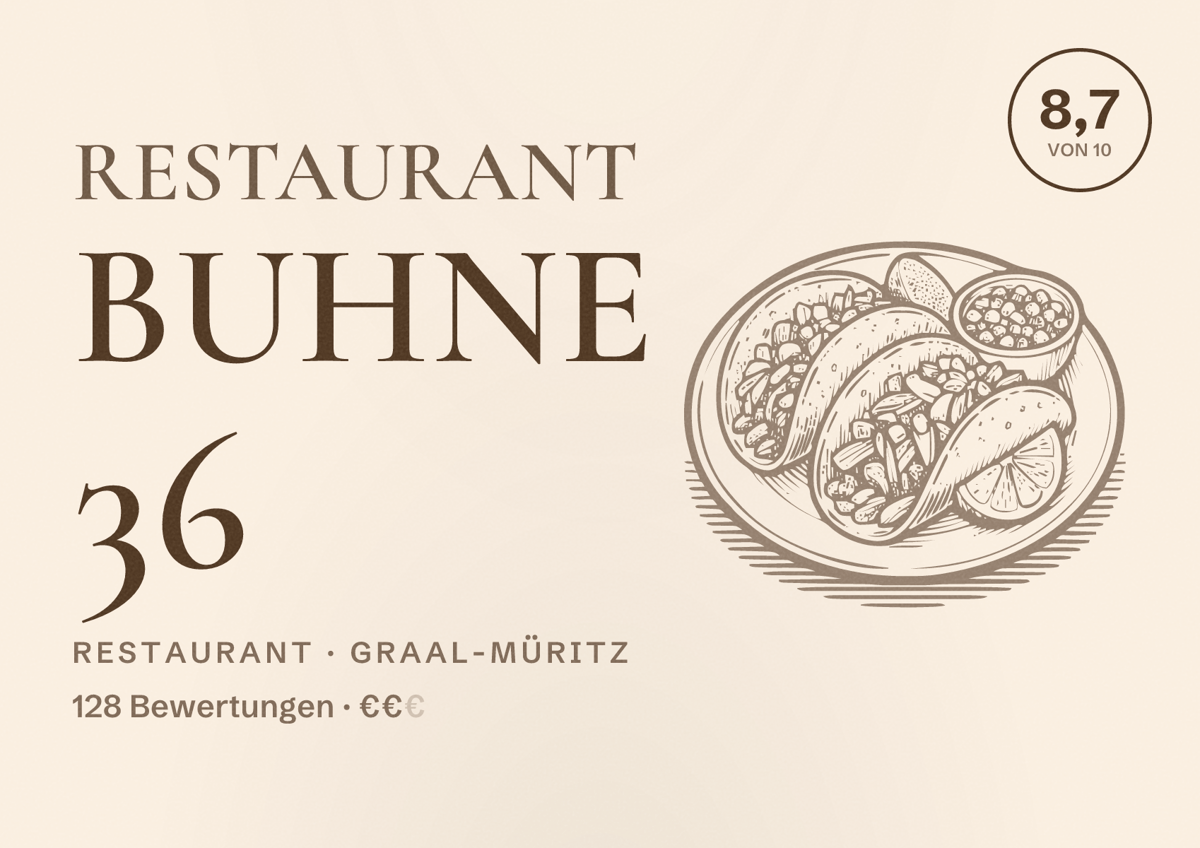 Illustriertes Poster von Restaurant Buhne 36, Restaurant in Graal-Müritz: Bewertung 8,7 von 10 aus 128 Bewertungen, Preisniveau €€