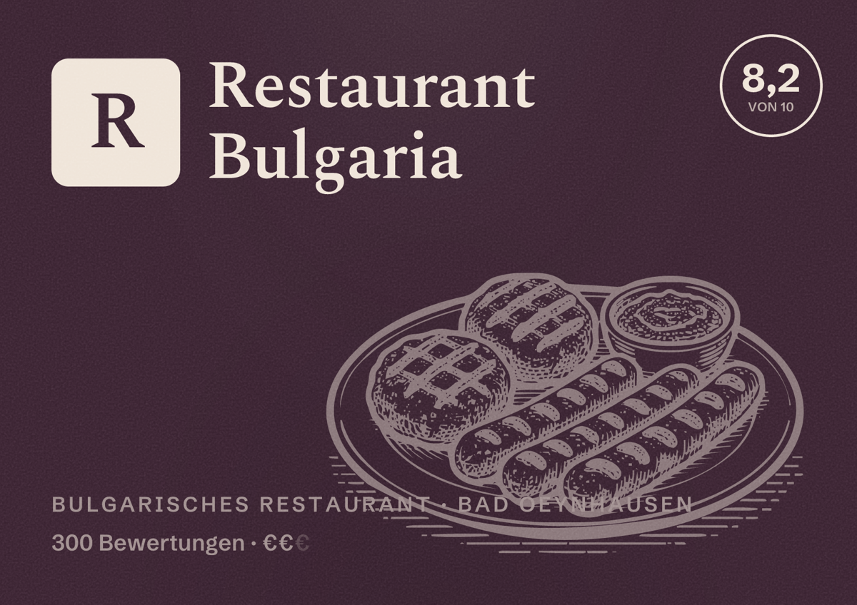 Illustriertes Poster von Restaurant Bulgaria, Bulgarisches Restaurant in Bad Oeynhausen: Bewertung 8,2 von 10 aus 300 Bewertungen, Preisniveau €€