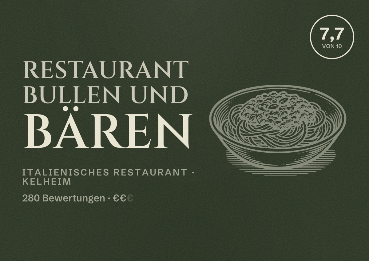 Illustriertes Poster von Restaurant Bullen und Bären, Italienisches Restaurant in Kelheim: Bewertung 7,7 von 10 aus 280 Bewertungen, Preisniveau €€