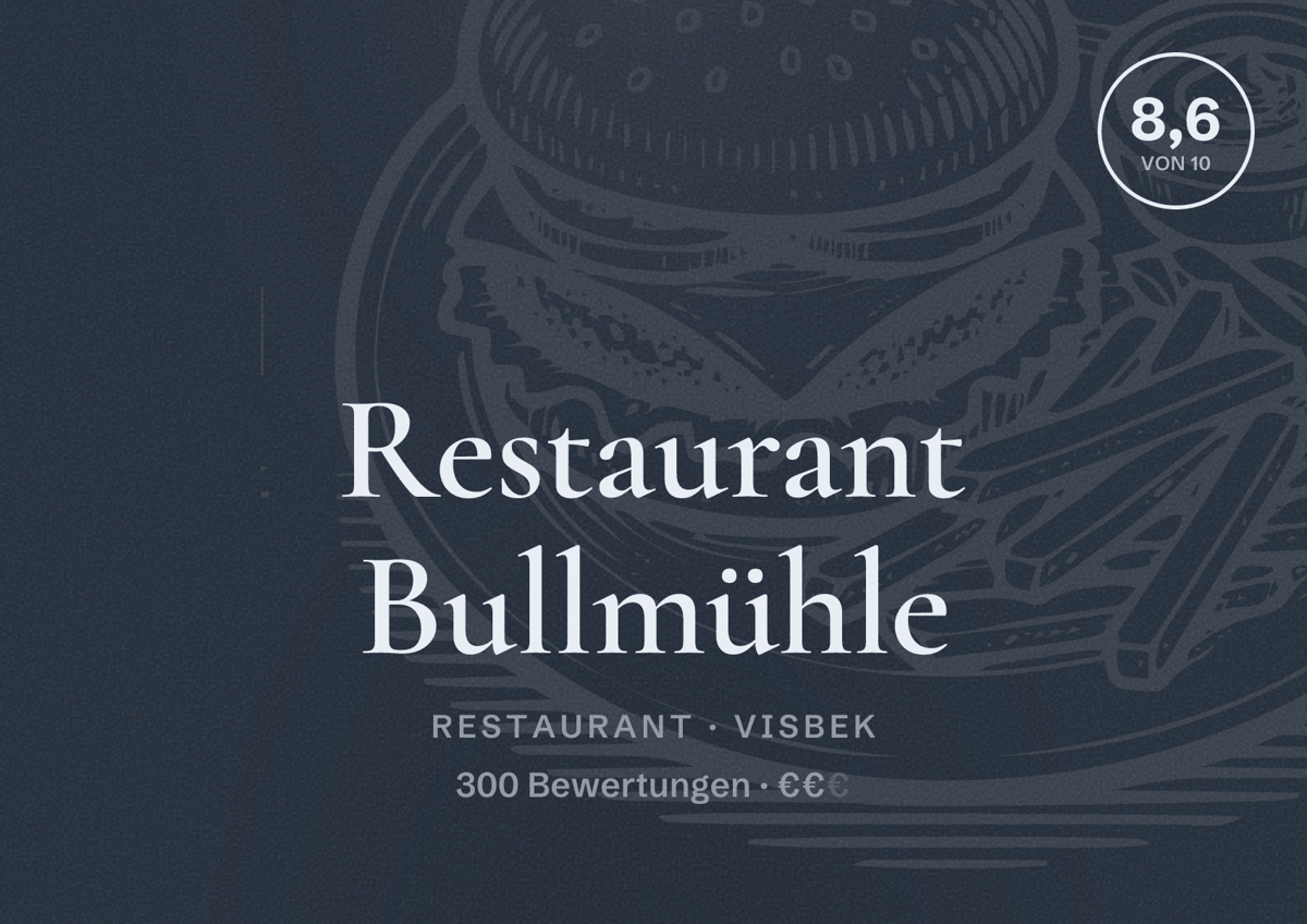 Illustriertes Poster von Restaurant Bullmühle, Restaurant in Visbek: Bewertung 8,6 von 10 aus 300 Bewertungen, Preisniveau €€